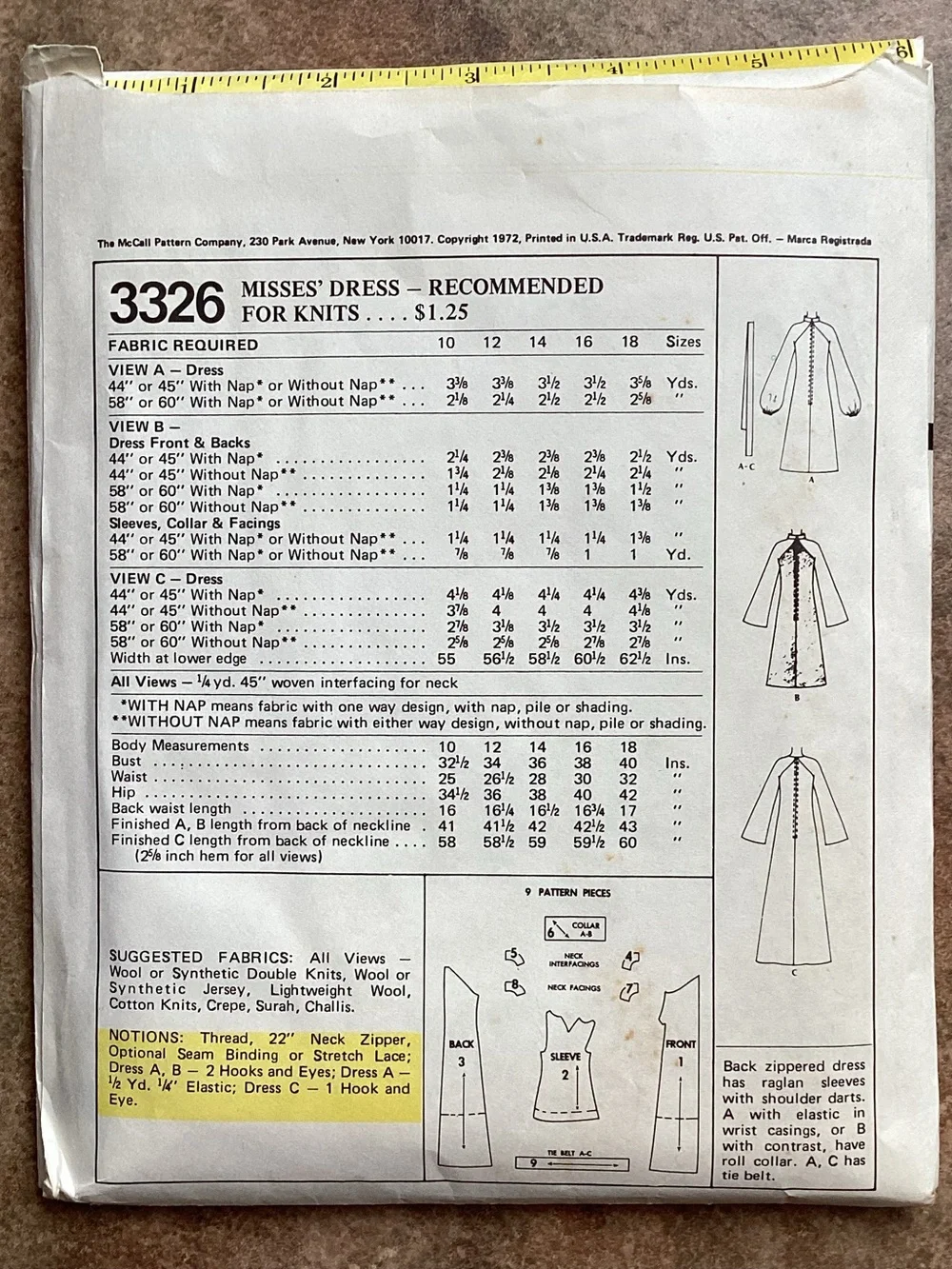 Vintage 1973 McCall's 3326 Sewing Pattern Misses' Dress or Smock, 70s
